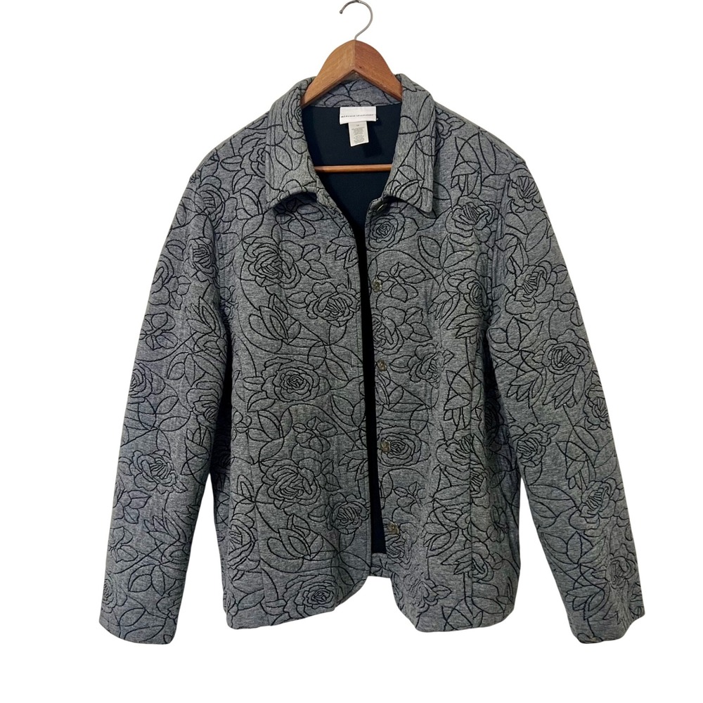 Alfred Dunner Womens Gray Embroidered Floral Rose Button Front Jacket Size 18